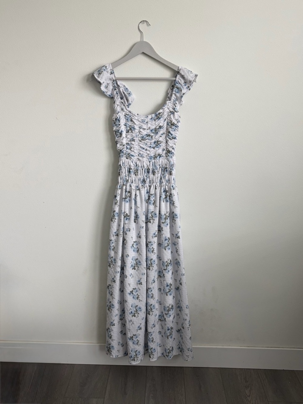 And now this womens Smocked Floral Maxi Dress in White and Blue